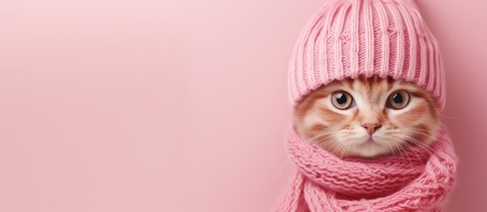 Red cat with pink accessories against isolated pastel background Copy space