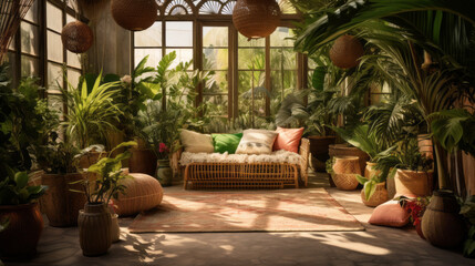 Bohemian Tropical Oasis: A fusion of bohemian and tropical styles with vibrant prints, rattan furniture, and an abundance of indoor plants