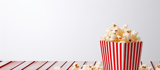 An overflowing red striped bucket of popcorn on a white counter isolated pastel background Copy space