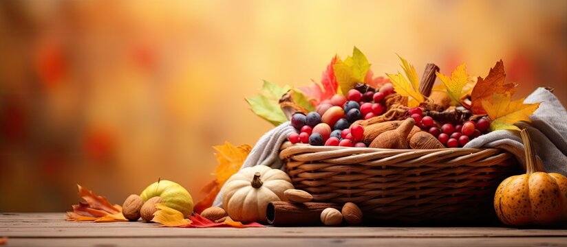 Autumn food basket in closeup isolated pastel background Copy space