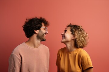happy smiling couple looking at each other in studio on plain background
