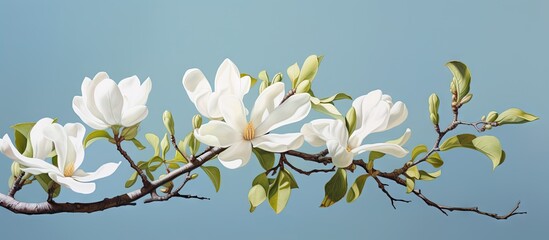 A magnolia flower on a tree branch isolated pastel background Copy space - obrazy, fototapety, plakaty