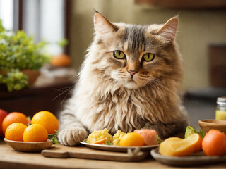Cute cat on a wooden table with fruits in the kitchen. AI-Generated