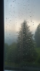 A rainy window with water droplets on the glass