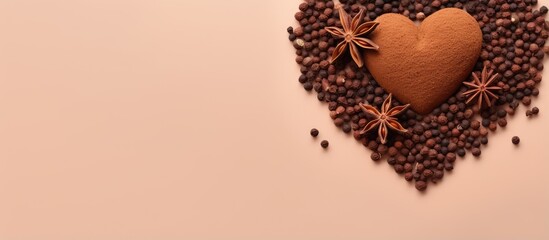 Brown allspice in the shape of a heart isolated on a isolated pastel background Copy space