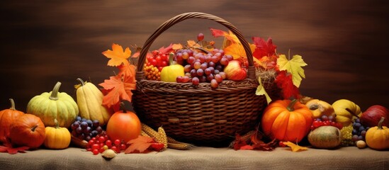 Autumn food basket in closeup isolated pastel background Copy space