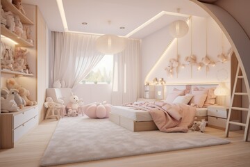 Fototapeta na wymiar Dreamy Child's Attic Bedroom with Canopy Bed, Warm Pink Tones, and Whimsical Decorative Elements
