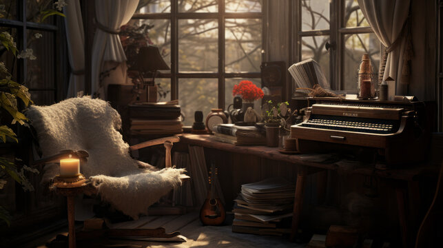 Bohemian Writer's Nook: A cozy corner filled with floor cushions, bohemian textiles, and vintage typewriters, ideal for creative writing and reading