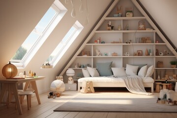Inviting Attic Nook with Built-in Shelving, Cozy Daybed, and Skylight Overhead Perfect for Reading and Relaxation