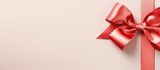 Diagonal side view of a large fashionable gift with a creative bow and red satin ribbon isolated on a isolated pastel background Copy space