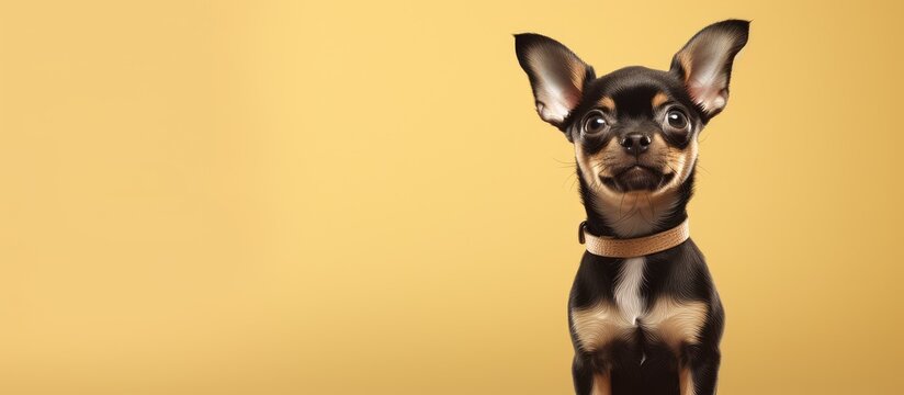 Long coated Chihuahua isolated sitting and gazing up over isolated pastel background Copy space with selective focus