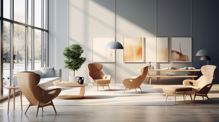 Chic Scandinavian Office Lounge: Combining workspace and relaxation with a modern desk, comfortable seating, and minimalist design for productivity