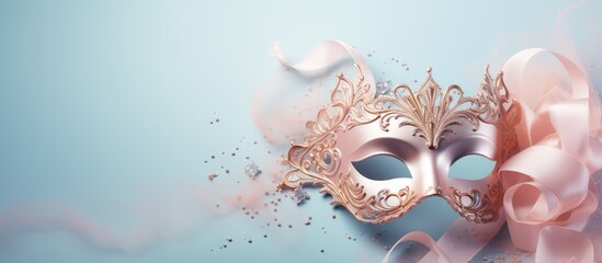 Moving masquerade mask on a blank background isolated pastel background Copy space - obrazy, fototapety, plakaty