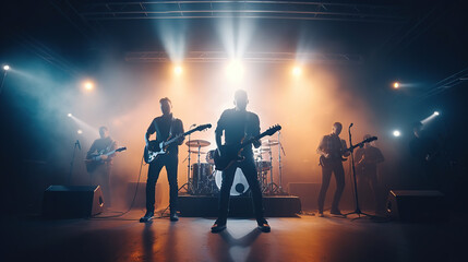 Music band group perform on a concert stage. Guitarist on stage for background, soft and blur concept. Music band performing in a recording studio. - obrazy, fototapety, plakaty