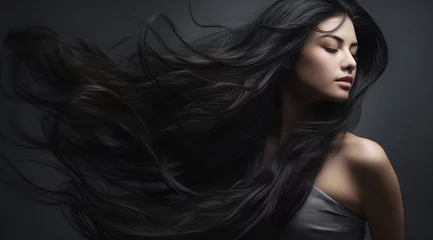 Rolgordijnen a beautiful woman blowing her long black hair on a grey background, concept of Beauty and hair care with keratin © Kien