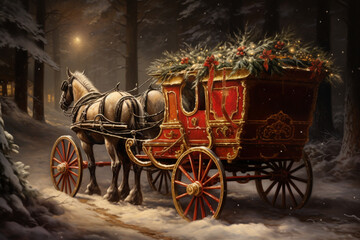 horse carriage in the snow - obrazy, fototapety, plakaty
