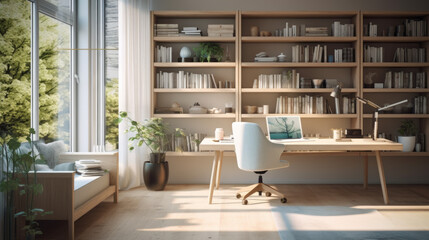 Fototapeta na wymiar Chic Scandinavian Office: This multifunctional space combines a home office with a living area. A sleek desk, a comfortable reading nook, and Scandinavian design elements coexist harmoniously