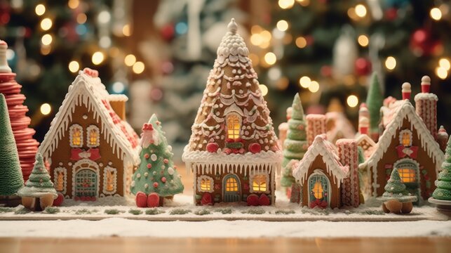 A festive display of gingerbread houses on a table
