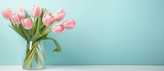 Isolated black vase with tulips isolated pastel background Copy space