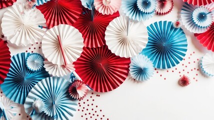Patriotic background with paper fans on a white background. Red, blue and white colors.