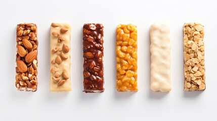 Perspective of Set with different delicious granola protein bars on isolated on white background. - obrazy, fototapety, plakaty