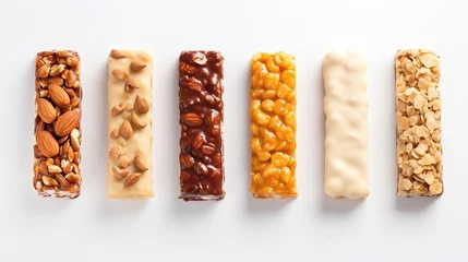Poster Perspective of Set with different delicious granola protein bars on isolated on white background. © Santy Hong