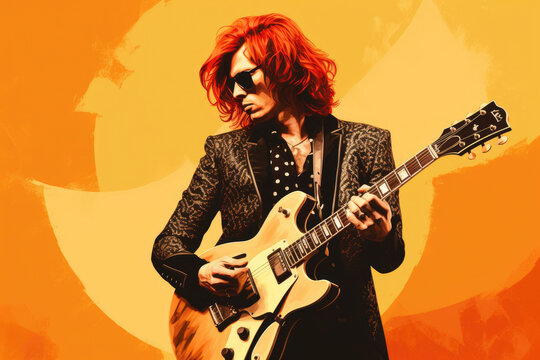 Retro Rockstar: A musician with fiery red hair and leather jacket, holding a vintage guitar, set against a polka-dotted orange and cream background, evoking vibes of classic rock poster
