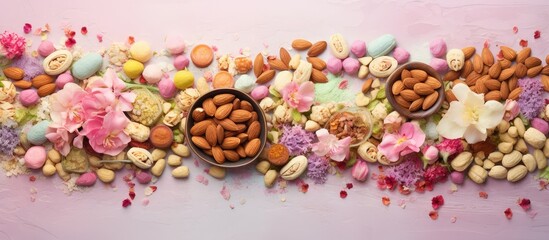 Turkish sweets with almonds rose peanut and pistachio on a isolated pastel background Copy space