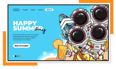 happy summer landing page with astronauts in the beach vector character - obrazy, fototapety, plakaty