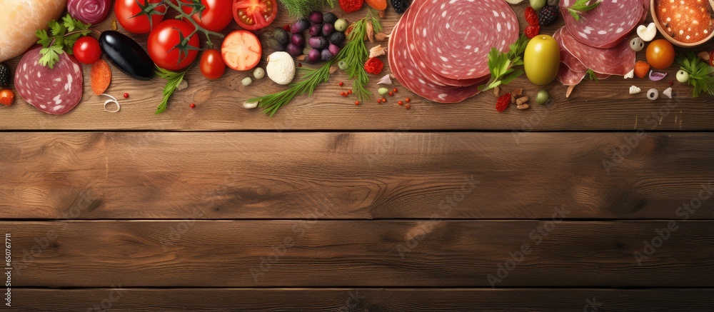 Sticker Salami and veggies on isolated pastel background Copy space table