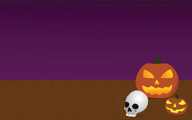 halloween pumpkin with illuminated eyes on wood next to a skull