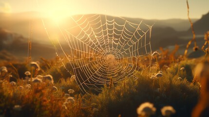 A spider web glistening in the sunlight in a vast open field - obrazy, fototapety, plakaty