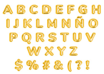 Golden balloon uppercase alphabet in spanish for party and celebrations. Alphabet set. 