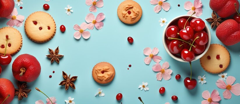 copy space image of with fruit and cherry cookies in a flatlay