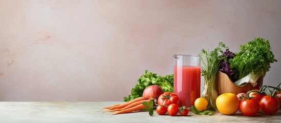 Kitchen table with vegetables and juice on isolated pastel background Copy space