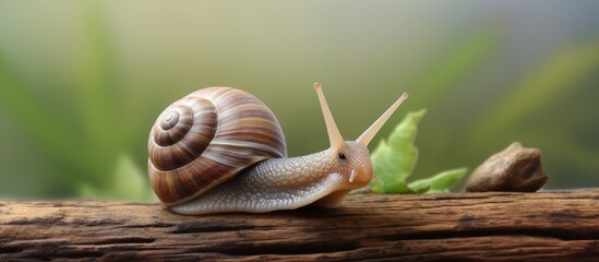 Beautifully shaped snail crawling on isolated pastel background Copy space looking for food