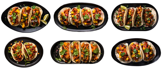 Collection of top view delicious tacos al pastor food plate on a transparent background