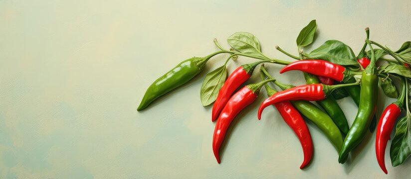 Close up of green and red chili peppers on a isolated pastel background Copy space