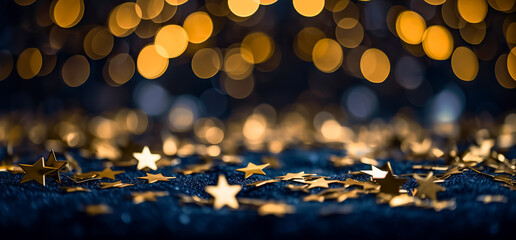 Fototapeta na wymiar Star Abstract Decoration Lights, Gold Sparkles, Shine Blurred Background. Christmas Stars Lights With Abstract bokeh Defocused Elements. 