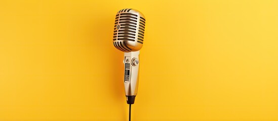Yellow 3D rendered microphone solo isolated pastel background Copy space