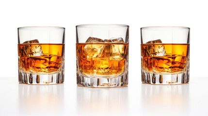 Set of glass of whiskey or whisky or american Kentucky bourbon with its reflection on the plane.