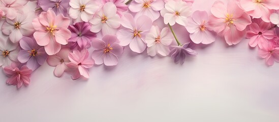 Naklejka na ściany i meble Primula petals on a black spring background isolated pastel background Copy space