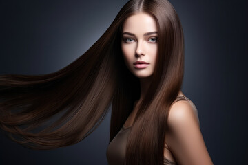 young woman with straight long brown shiny hair, concept of Beauty and hair care with keratin