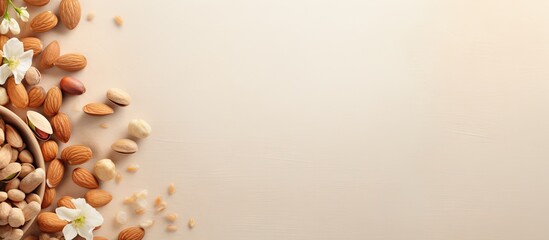 Nuts on isolated pastel background Copy space