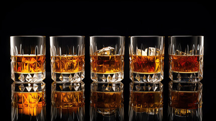 Set of glass of whiskey or whisky or american Kentucky bourbon with its reflection on the plane.