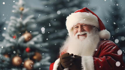 Smiling Santa Claus with Christmas tree with snowy forest background. Vintage style. Merry Christmas and happy holidays.