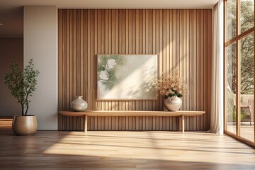 Bamboo Interior Entryway with Wood Bench, Ceramic Vases, Wall Art and Sunlight Coming Through Modern Windows