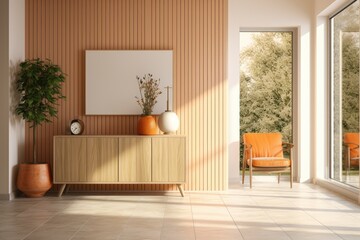 Sophisticated Bright Interior Space with Orange Accent Chair, Indoor Tree in Ceramic Planter, Organic Console Table with Blank Wall Art Mockup