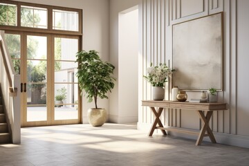 Fototapeta premium Charming Farmhouse Modern Foyer Entryway with Rustic Console Table, Wall Art, Indoor Tree in Planter, Wooden Frame Front Door with Stairs