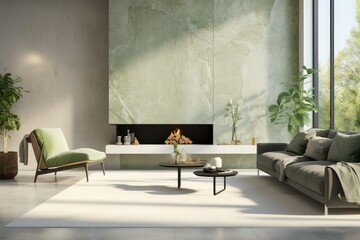 Expensive Stone Accent Fireplace Wall, Concrete Aesthetic, Green Velvet Accent Chair, Modern Vertical Windows, Black Metal Coffee Tables